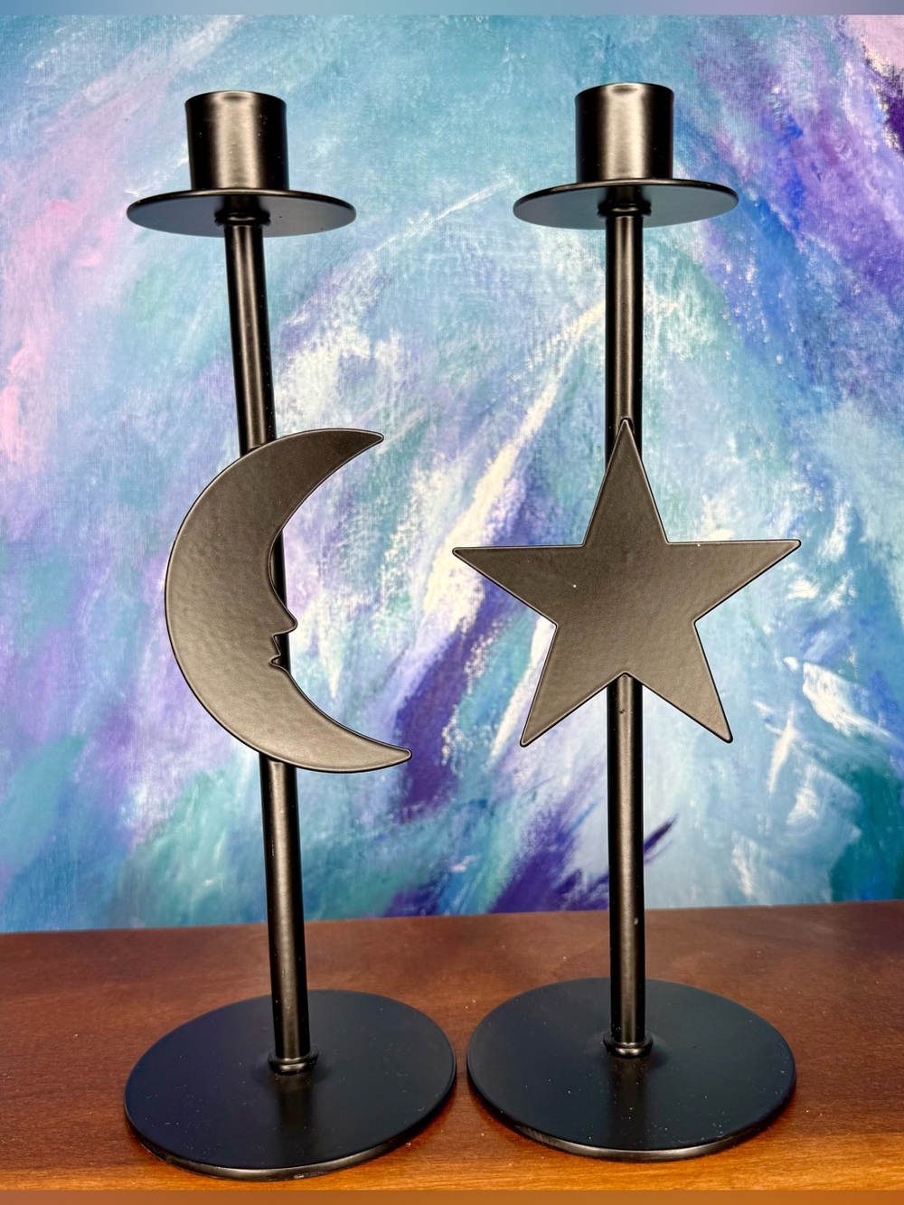 Moon and Star Taper Candle Holders Black Metal Celestial Whimsigoth Vintage Y2K